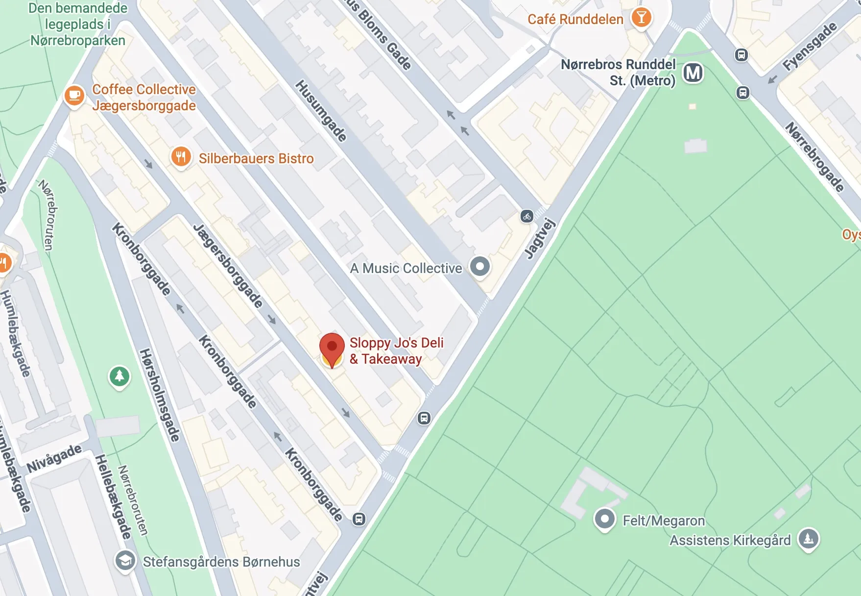 Kort over Sloppy Jo's på Jægersborggade 10, Nørrebro, København. Klik for at åbne rutevejledning i Google Maps